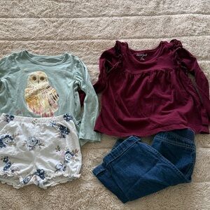Carters Toddler Girl Long Sleeve Top and Denim Shorts Bundle Owl Print Mint 3T